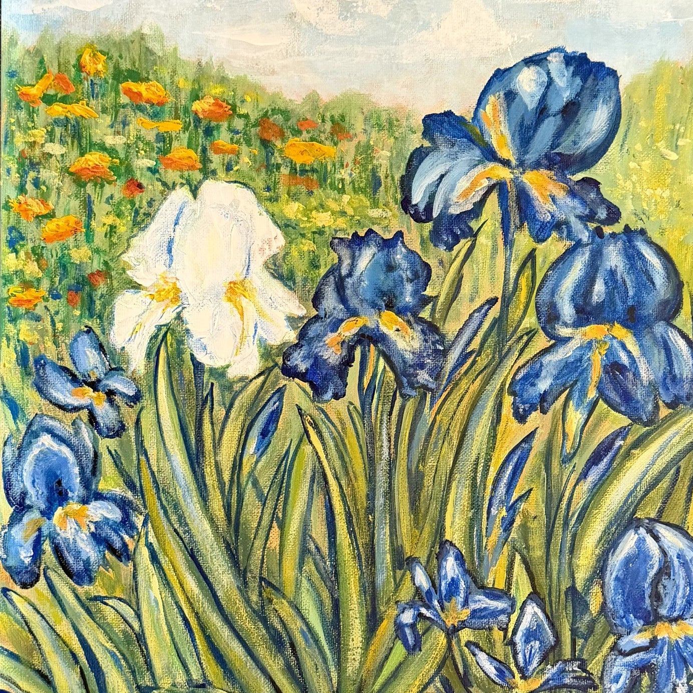 Blooming Irises in Spring Garden Acrylic Brushes & Blades Art Class Tues. 4.28.26 @ 1P