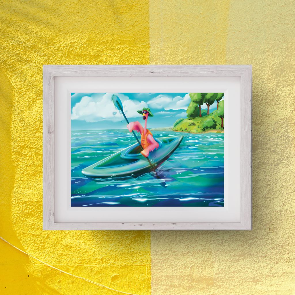 Flamingo Kayaking Mini Framed Print