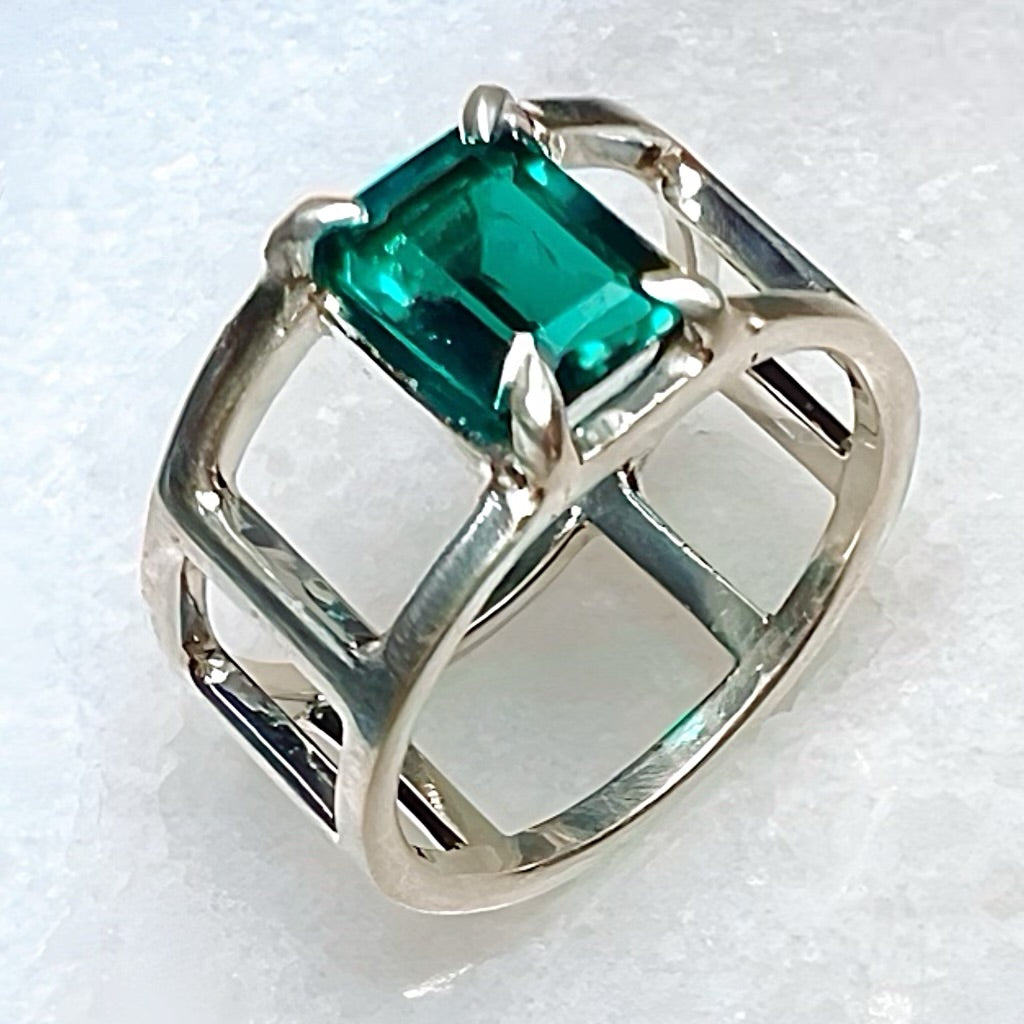 Ladder Ring with Synthetic Emerald