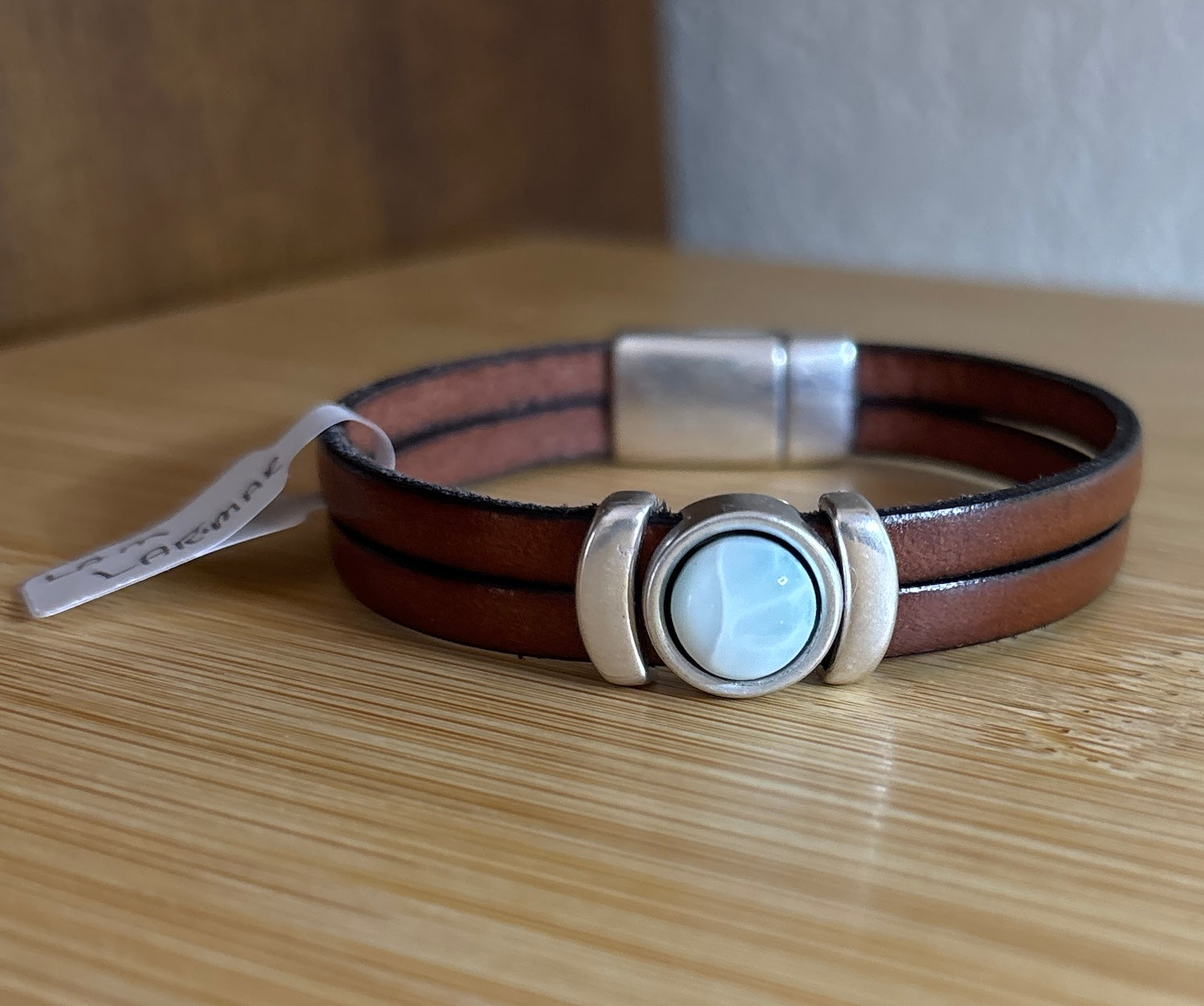 Larimar on brown leather bracelet