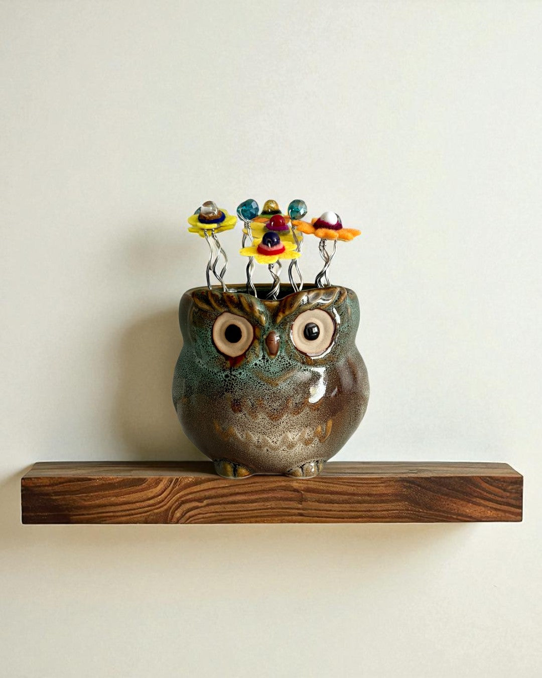 Light Blue Owl with 7 Colorful Flowers