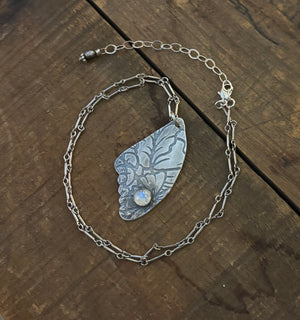 Moonstone and Sterling patterned wing pendant  N40
