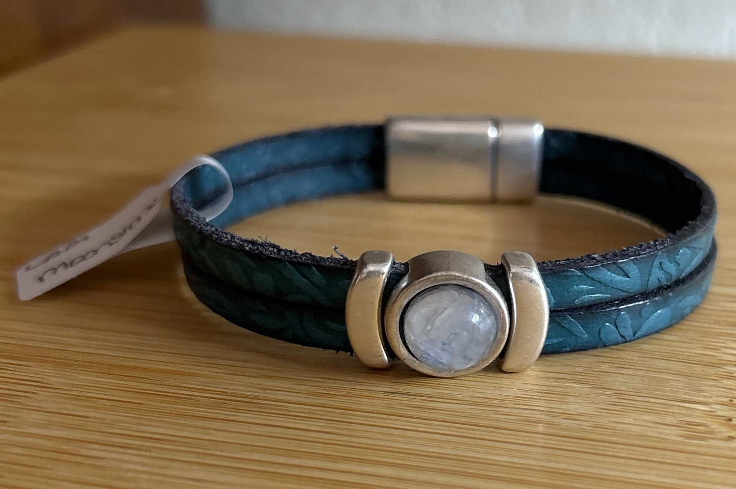 Moonstone on blue leather bracelet