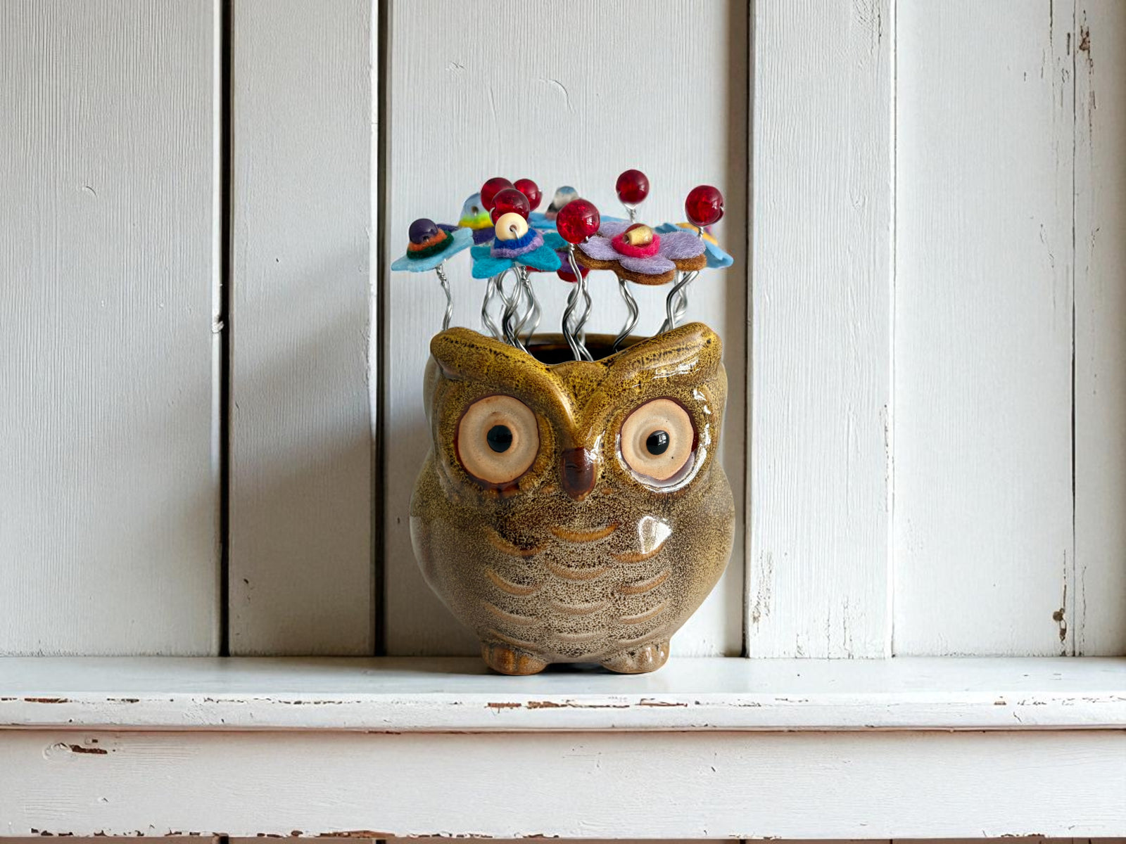 Owl with Blue and Purple Flowers