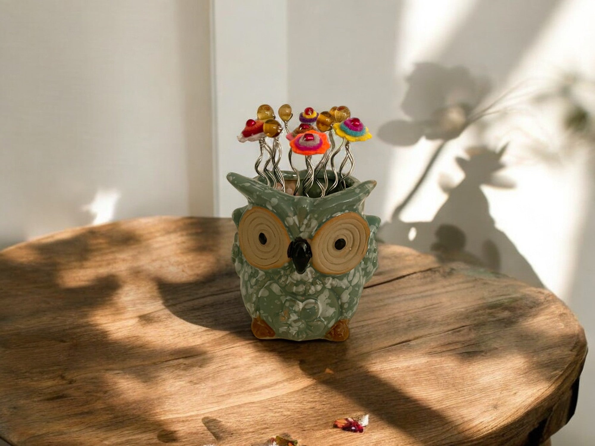 Owl with Multi Colored Felt Flowers