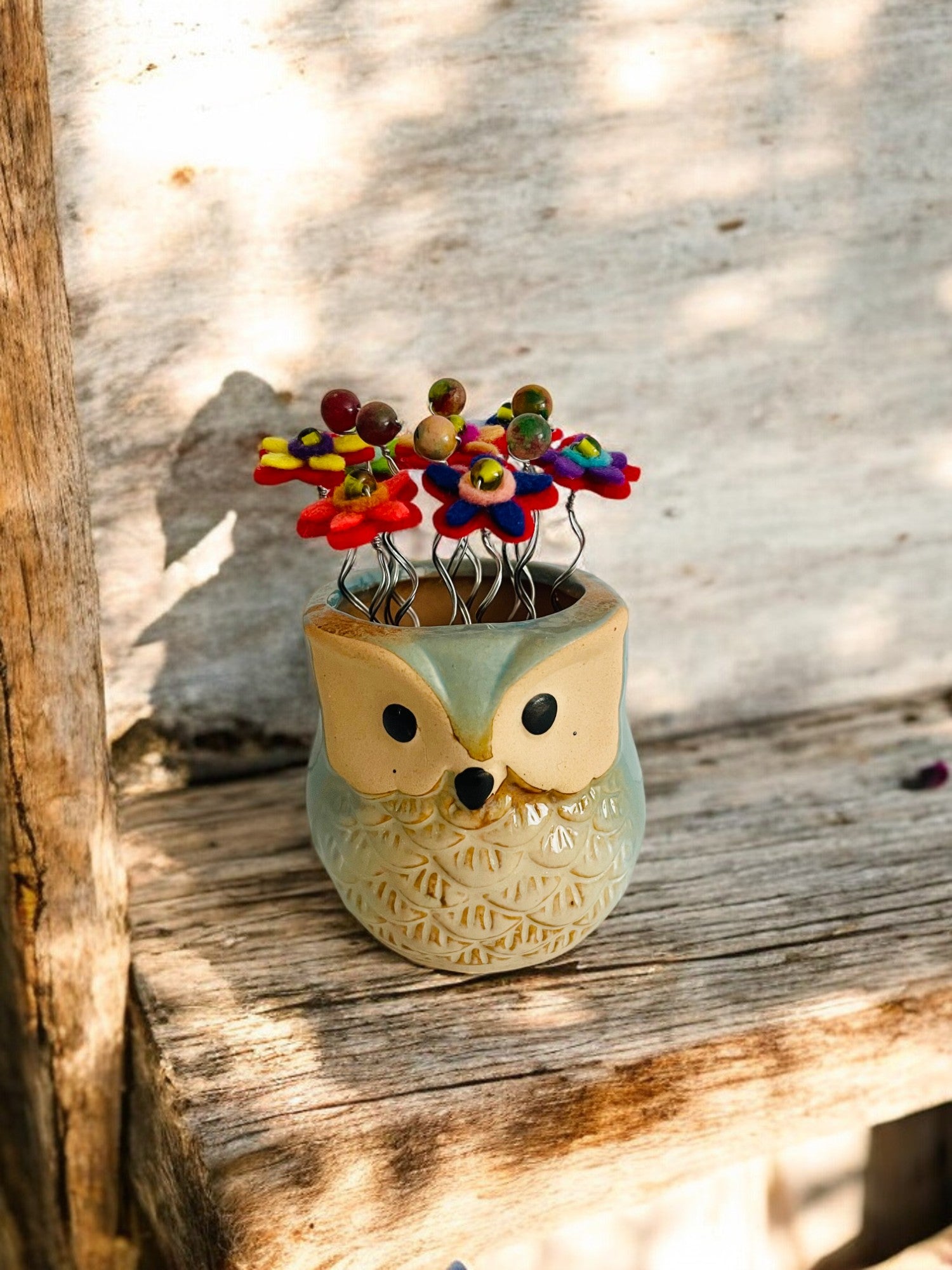 Owl with Red and Multi-Colored Flowers