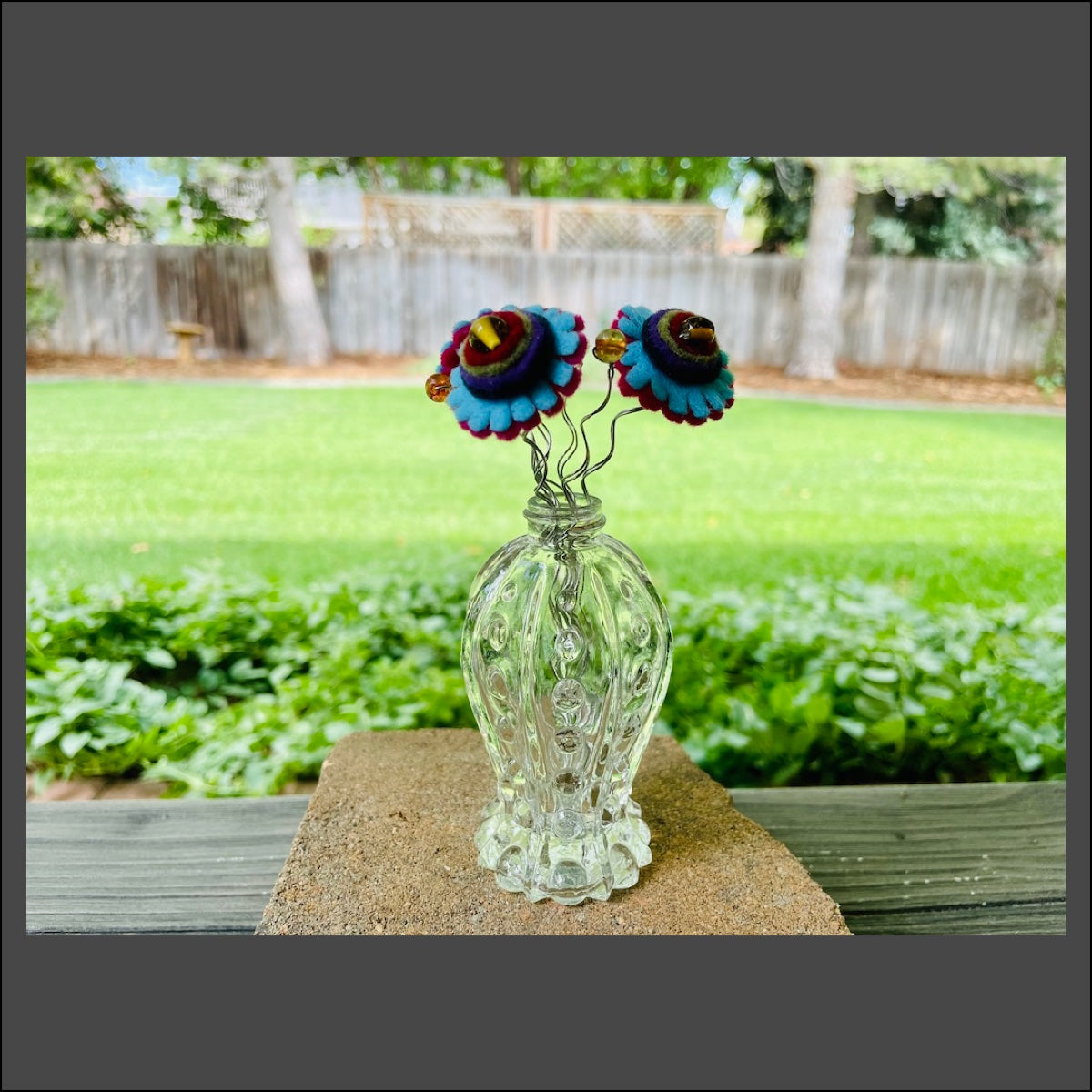 Perfume Bottle Vase with 3 Blue and Pink Flowers
