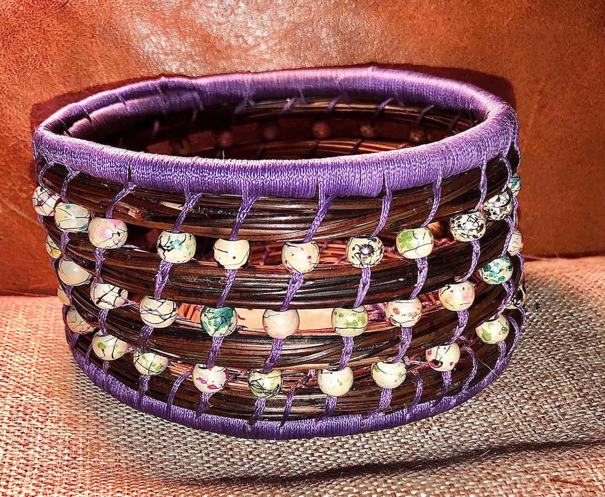 Purple/Shell/Bead Pine Needle Basket