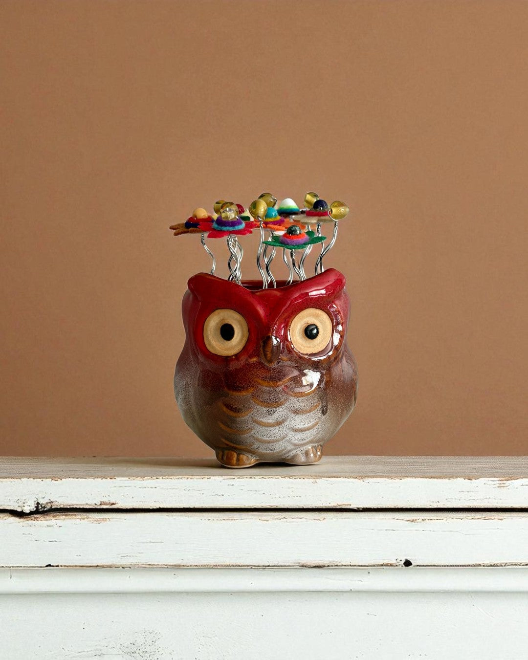 Red Owl with 7 Colorful Flowers