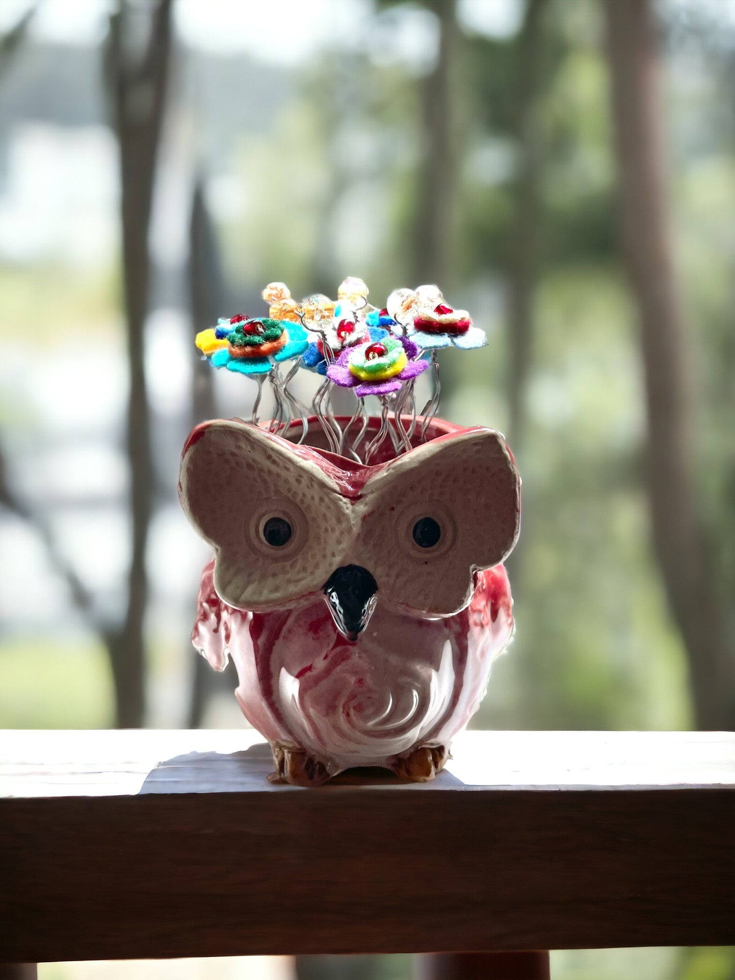 Red Owl with Multi-Colored Felt Flowers