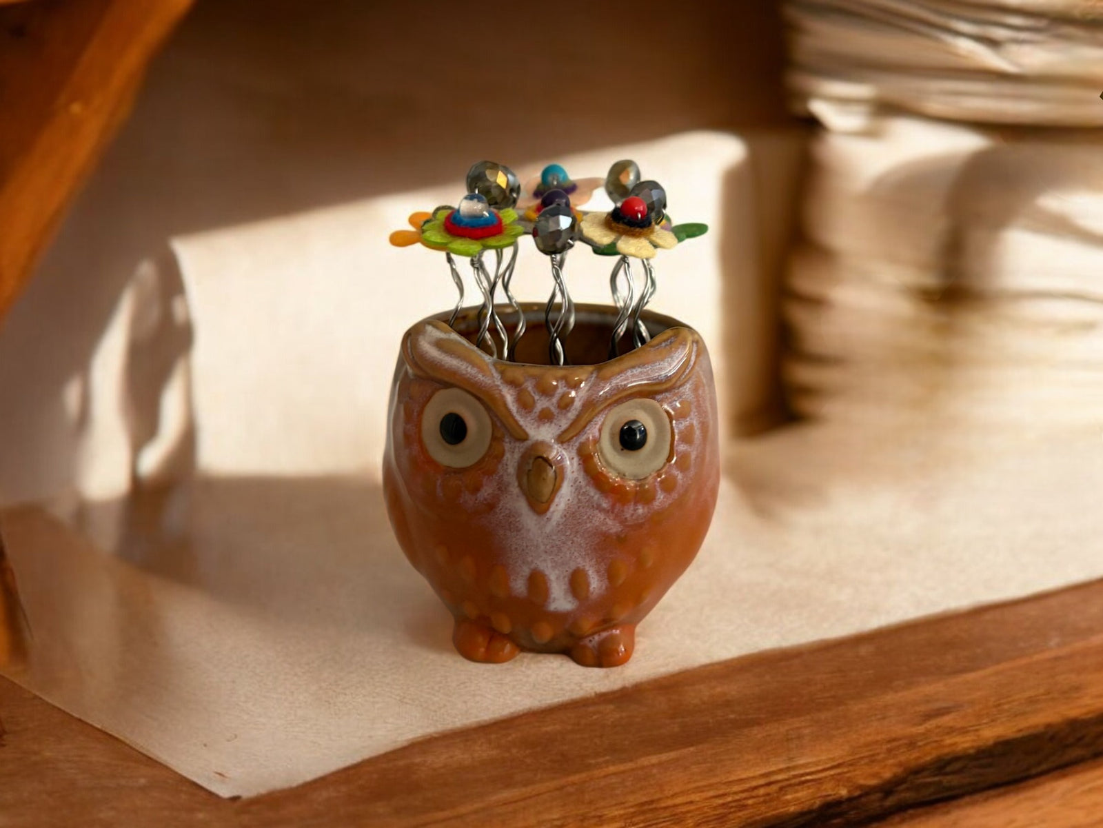 Red Owl with Multi Colored Flowers
