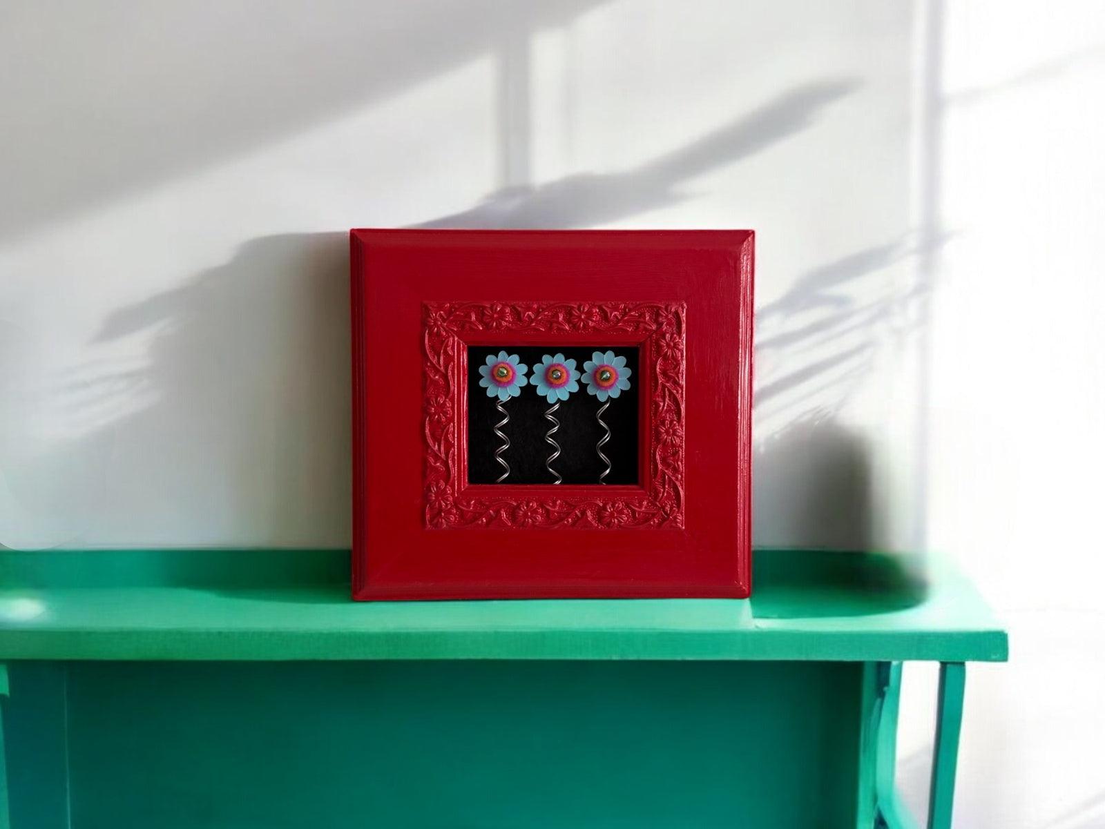Red Square Frame with 3 Blue Flowers
