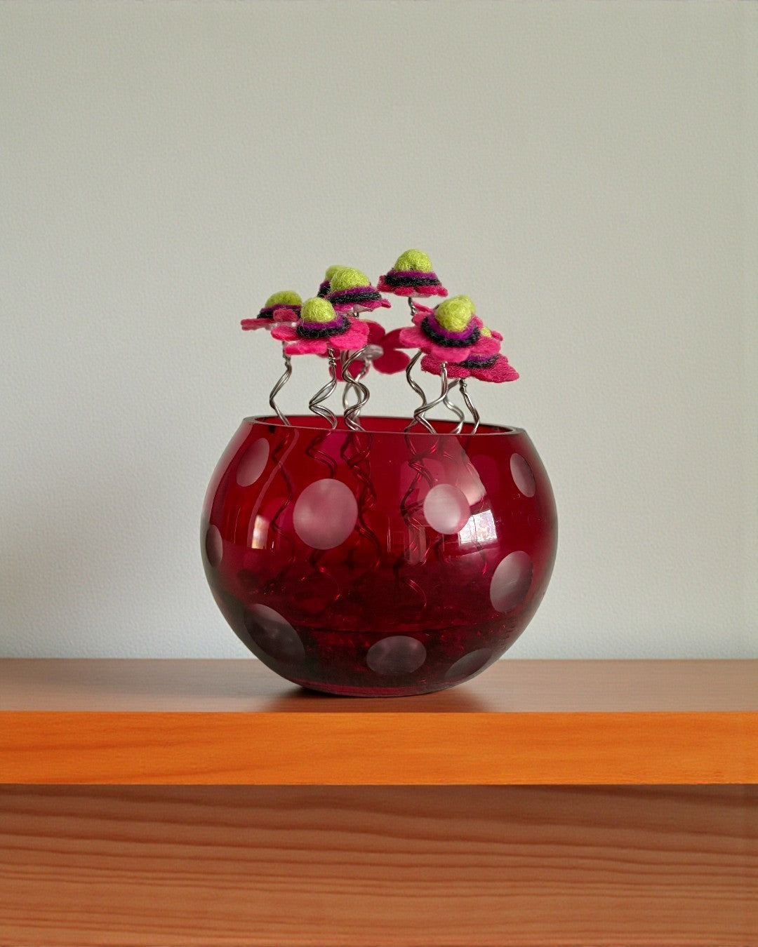 Red Vase with 9 Pink Flowers