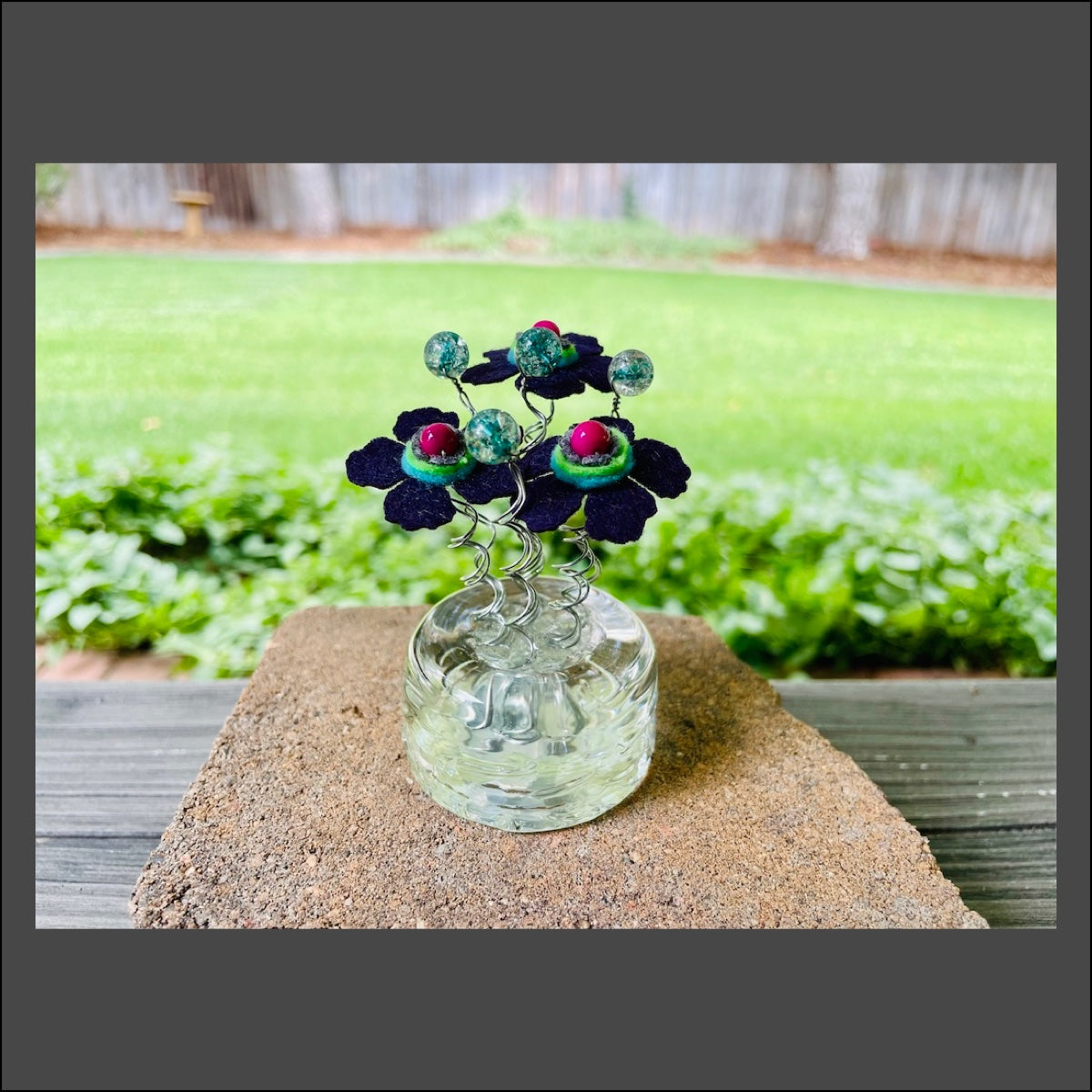 Round Glass Vase with 3 Purple Flowers