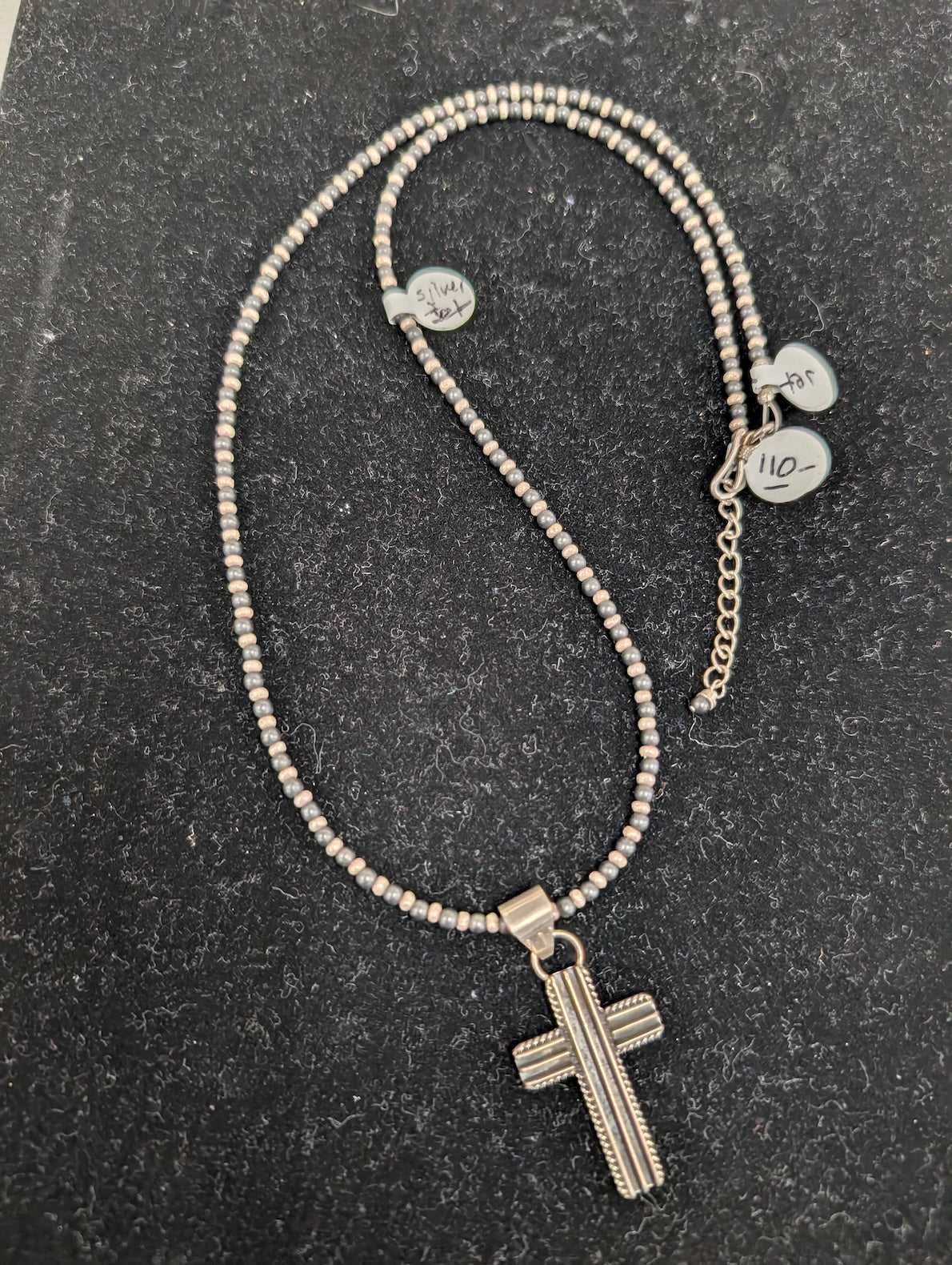 Silver and jet necklace with silver cross