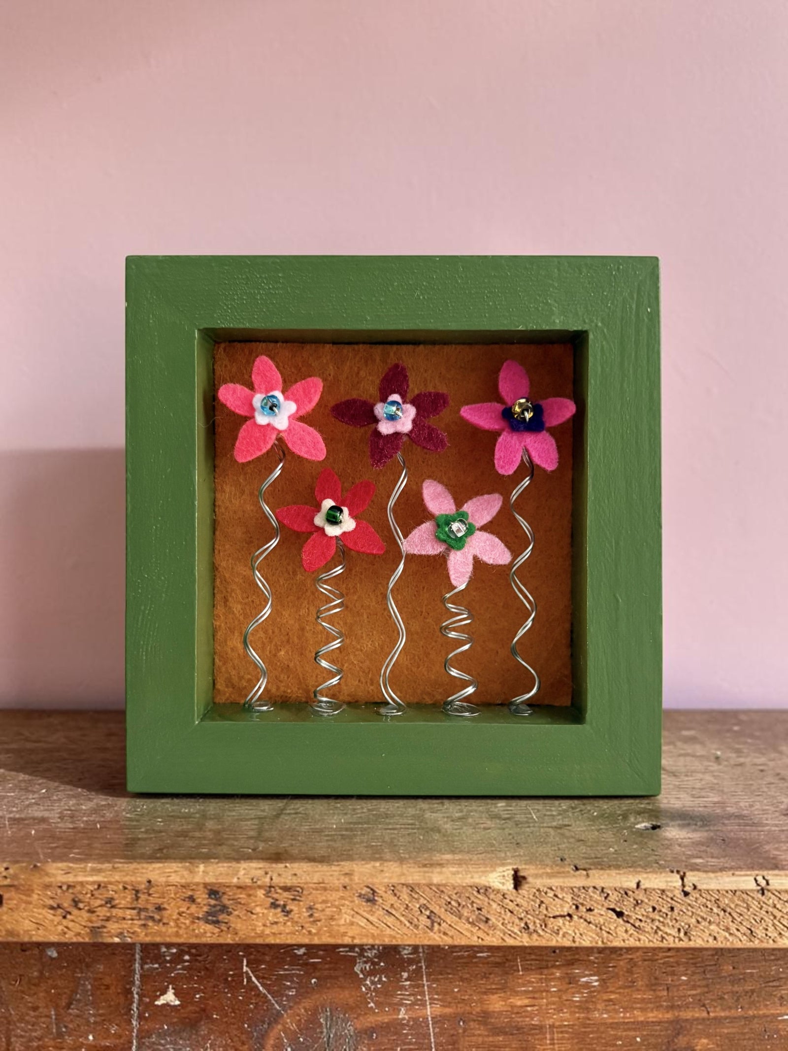 Small Green Frame with 5 Pink Flowers