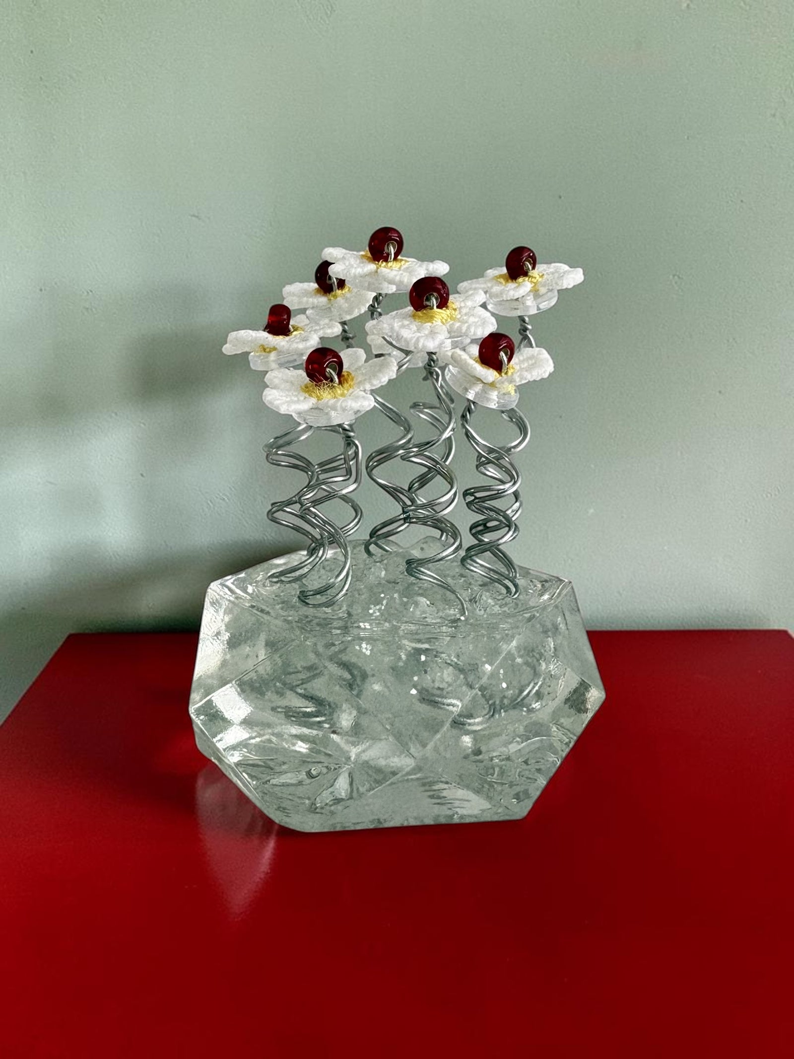 Small Vase with 8 White Flowers and Red Beads