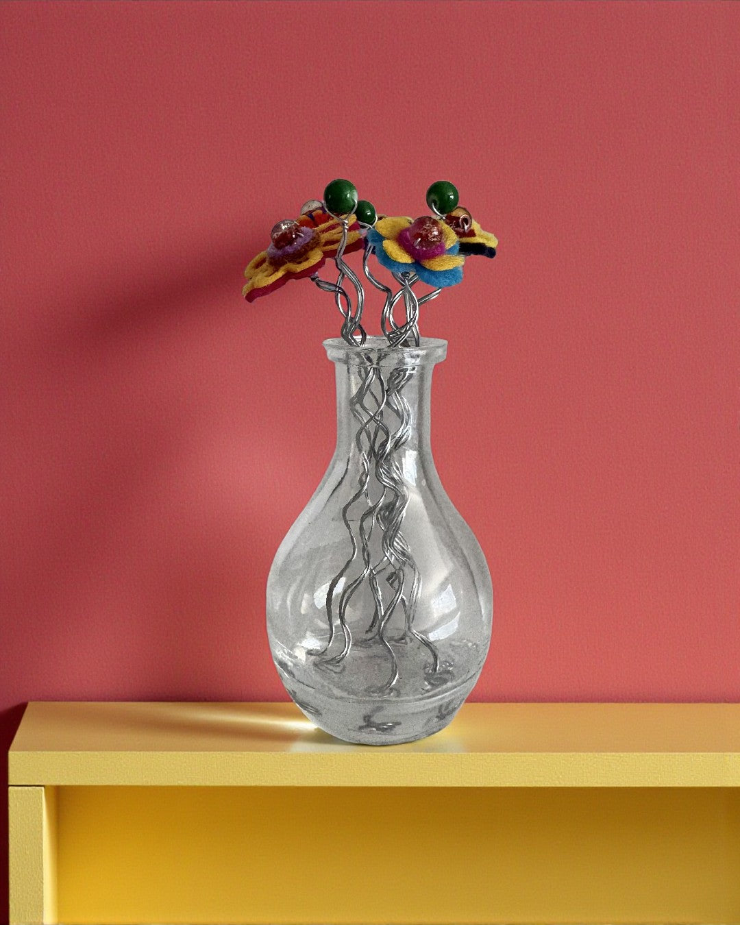 Vase with 5 Yellow Flowers and Green Beads