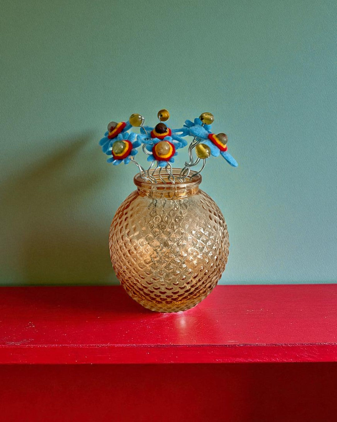 Vase with 7 Blue Flowers and Yellow Beads