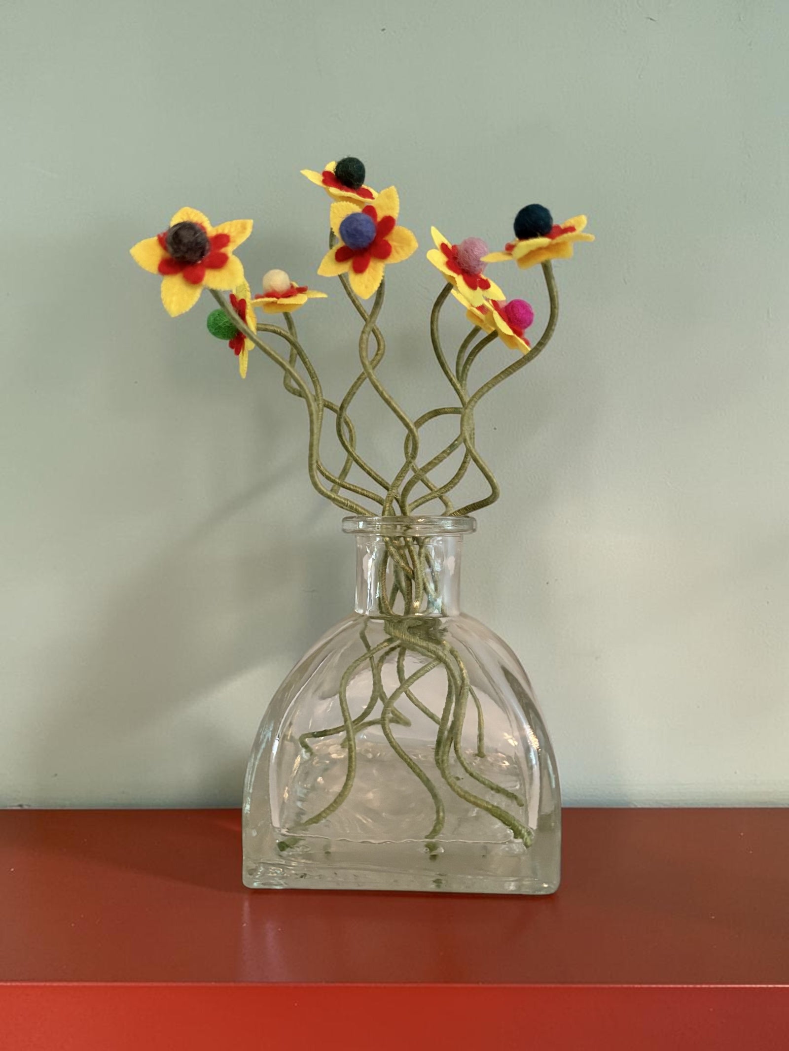 Vase with 9 Yellow and Red Felt Flowers