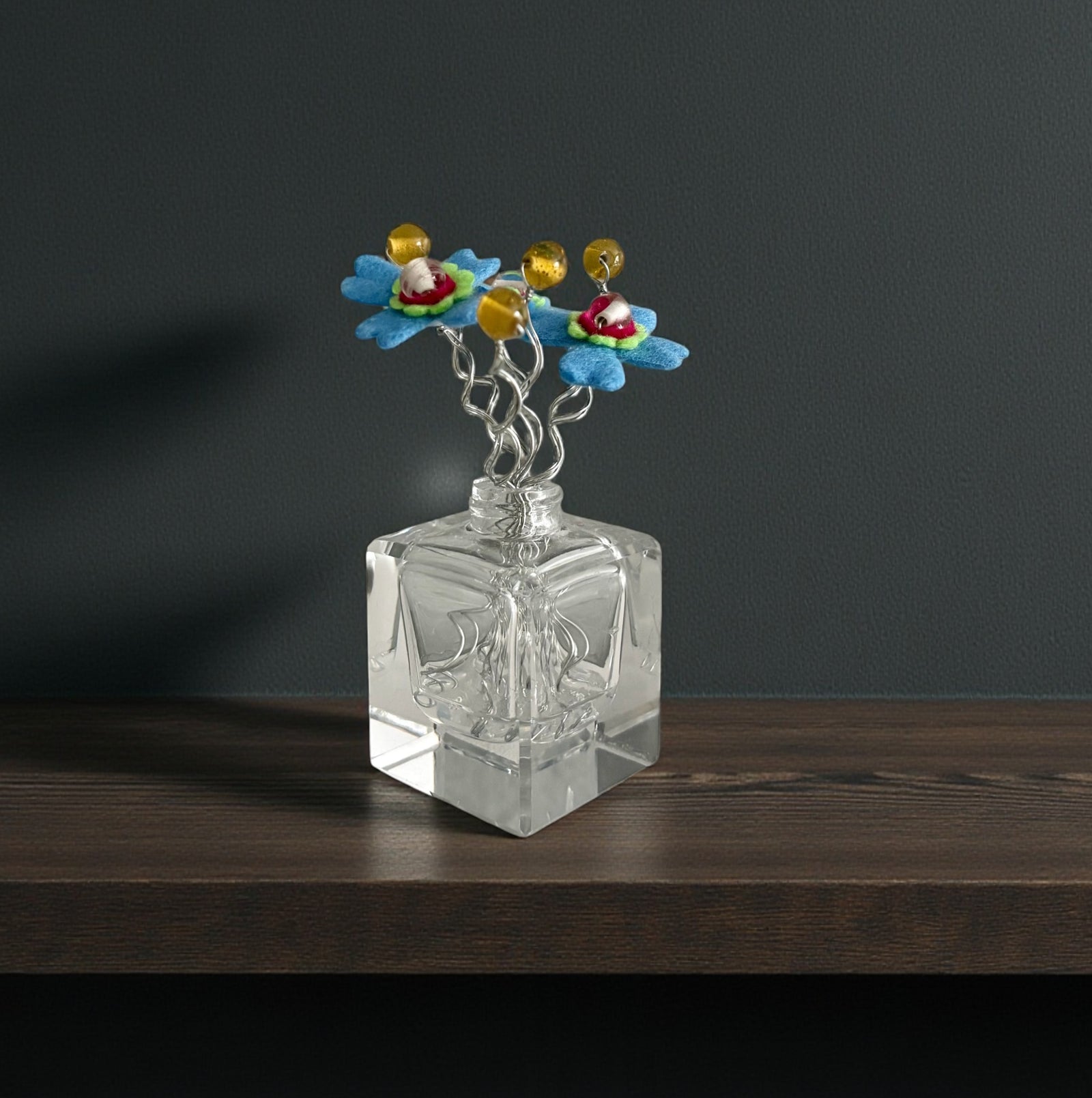 Vase with Blue Flowers and Yellow Beads