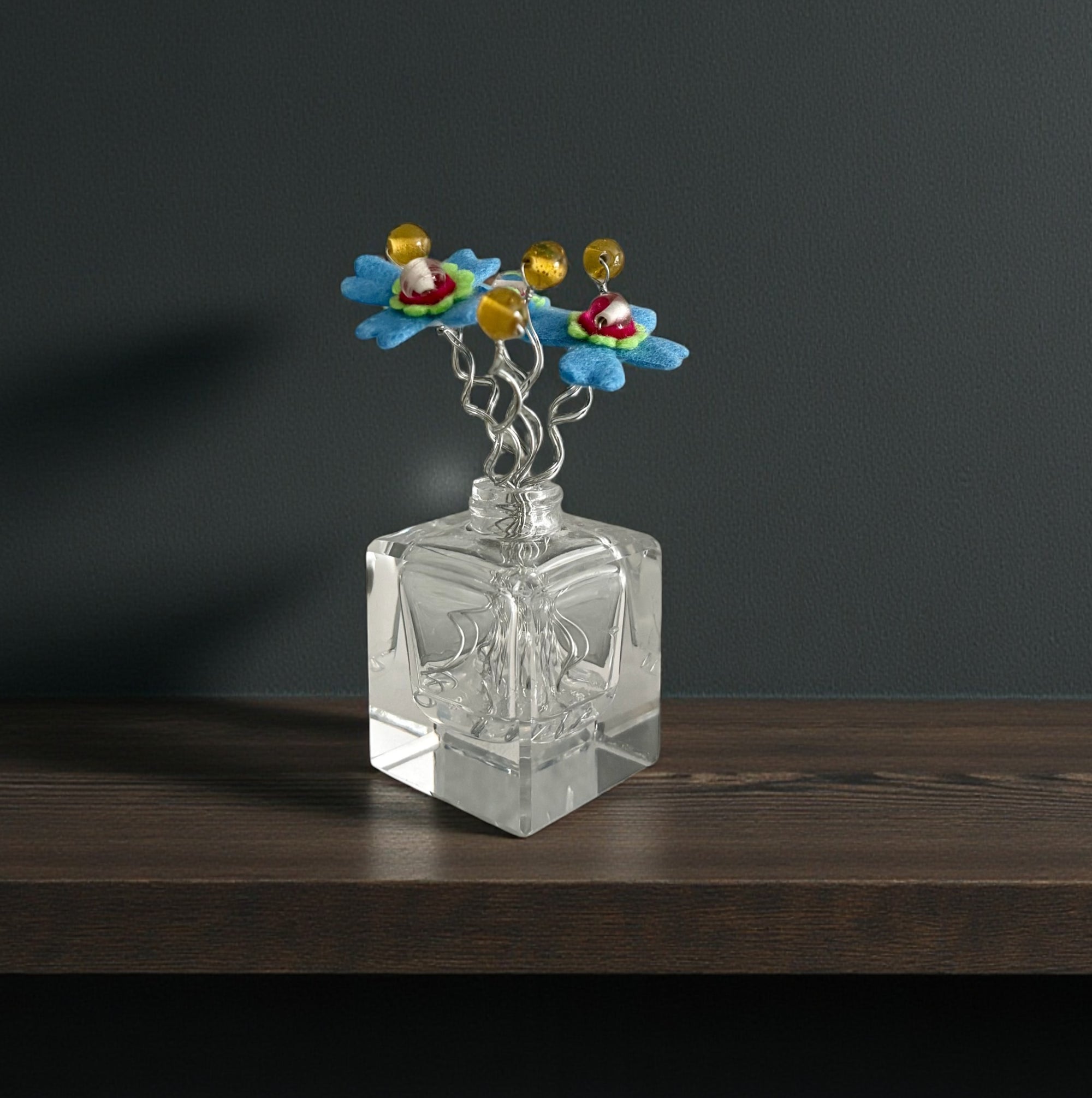 Vase with Blue Flowers and Yellow Beads
