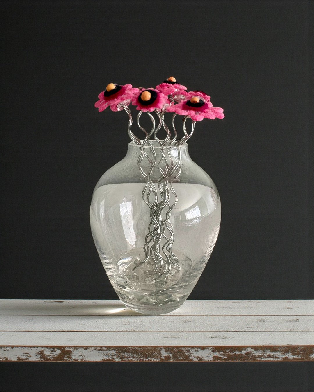 Vase with Pink Flowers and Yellow Beads