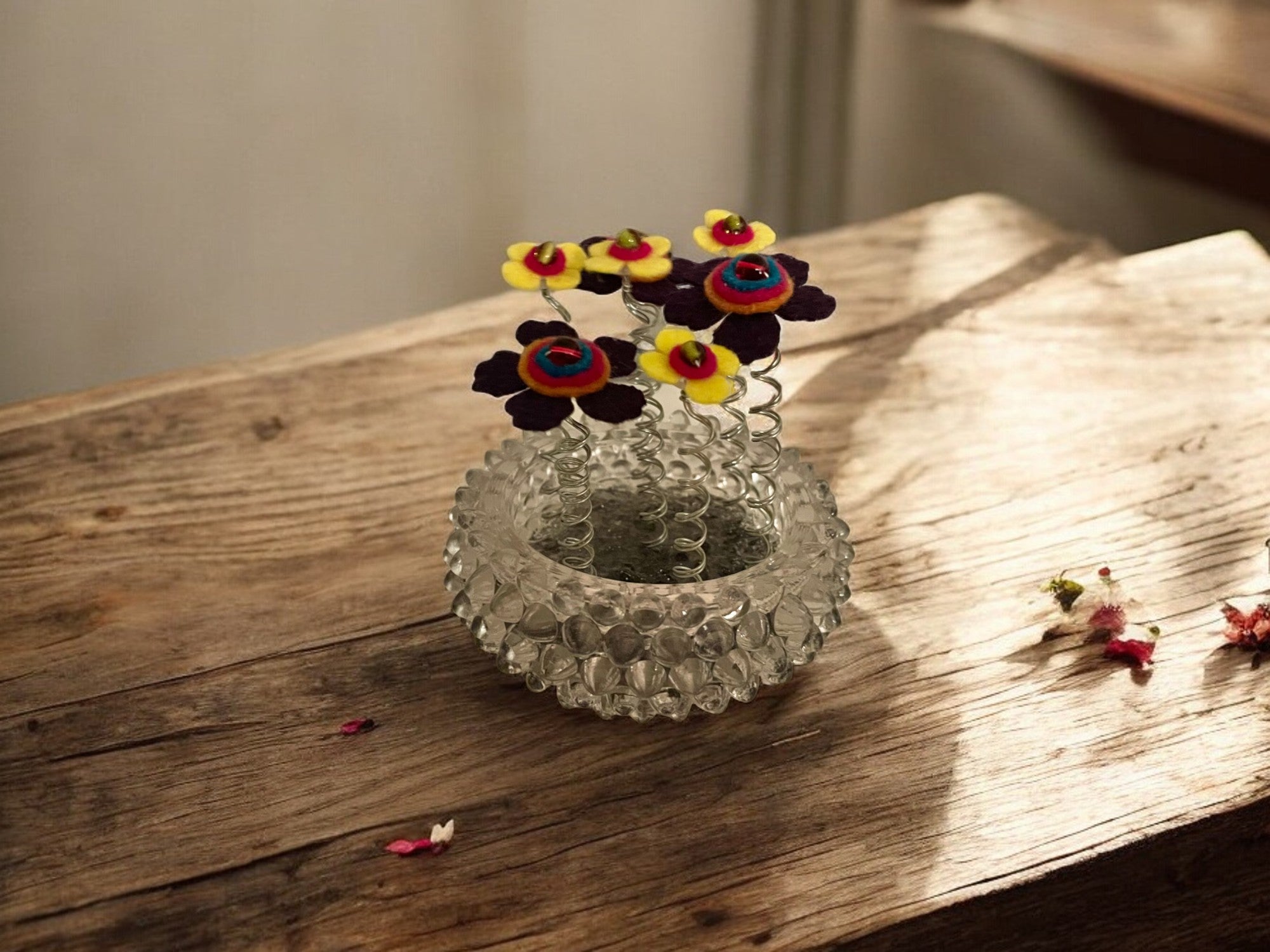 Vase with Purple and Yellow Flowers