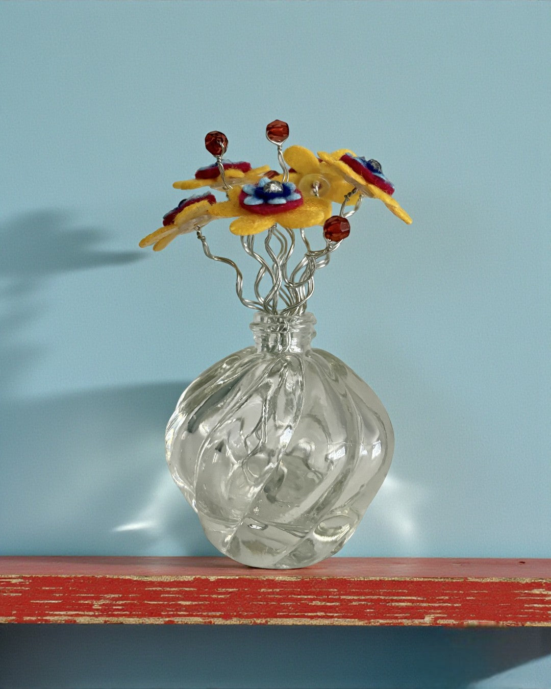 Vase with 5 Yellow Flowers and Red Beads