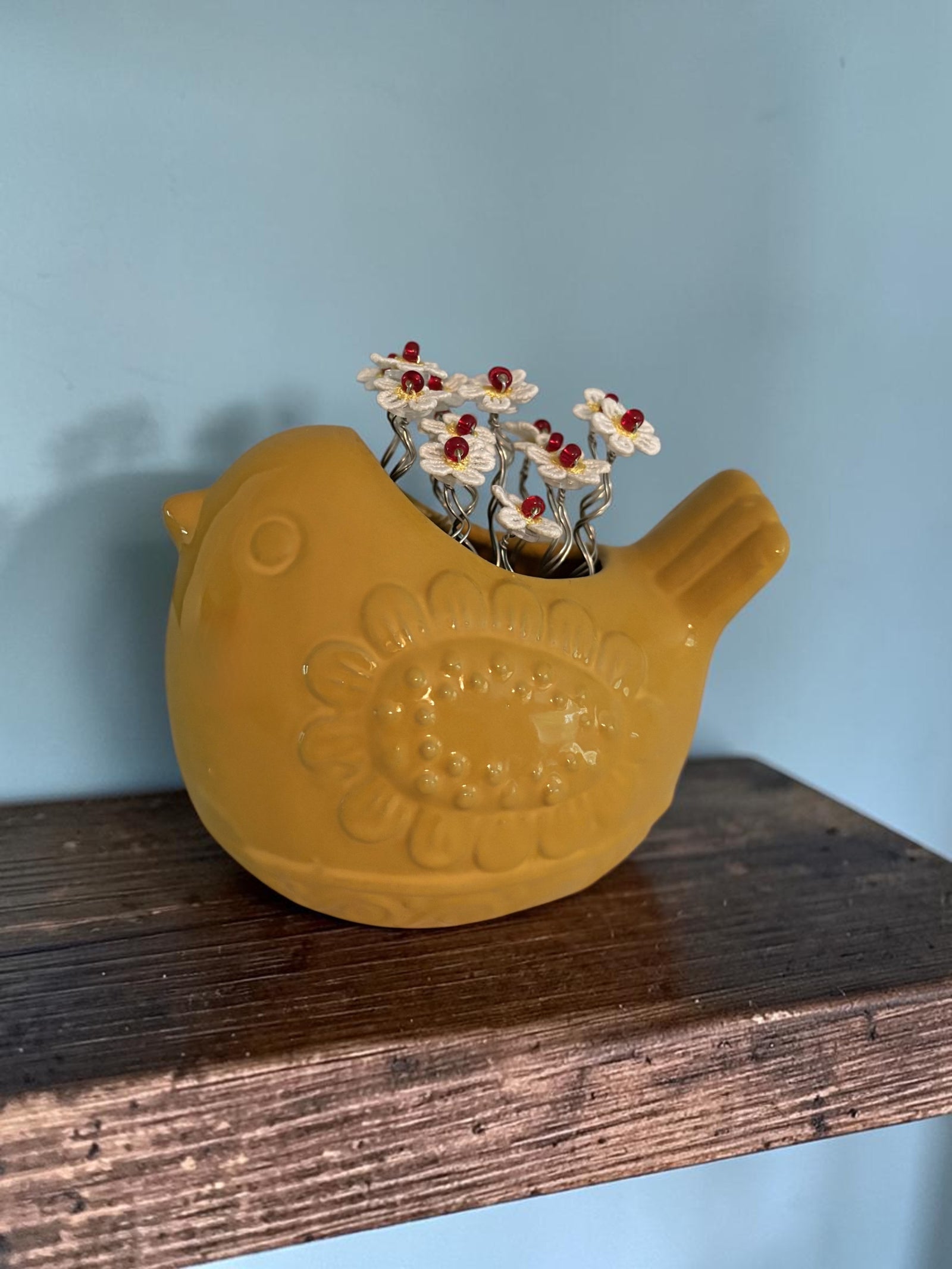 Yellow Bird with White Flowers