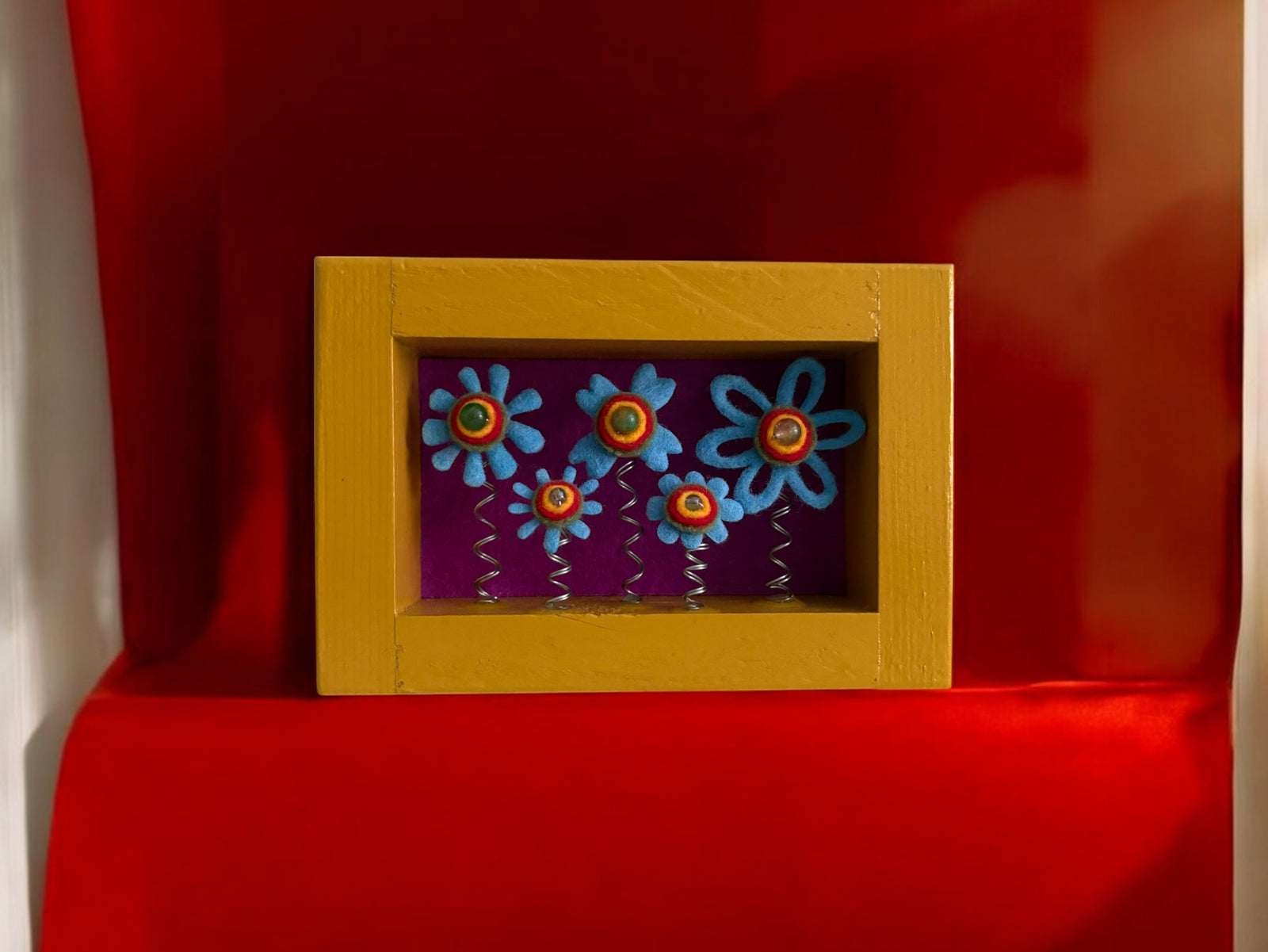 Yellow Shadow Box Frame with 5 Blue Flowers