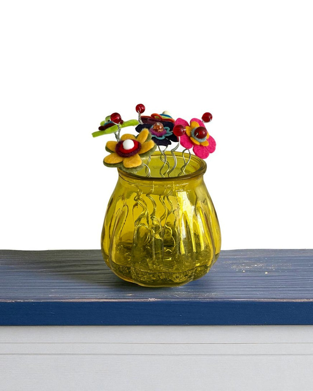 Yellow Vase with 5 Colorful Flowers and Red Beads