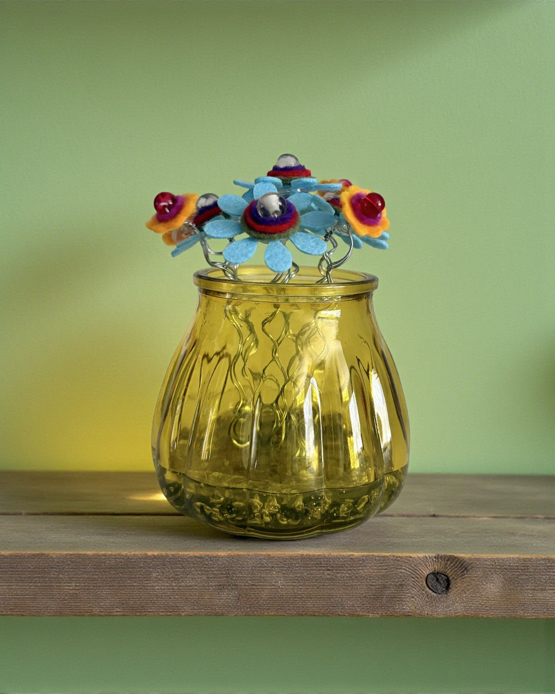 Yellow Vase with Blue and Yellow Flowers