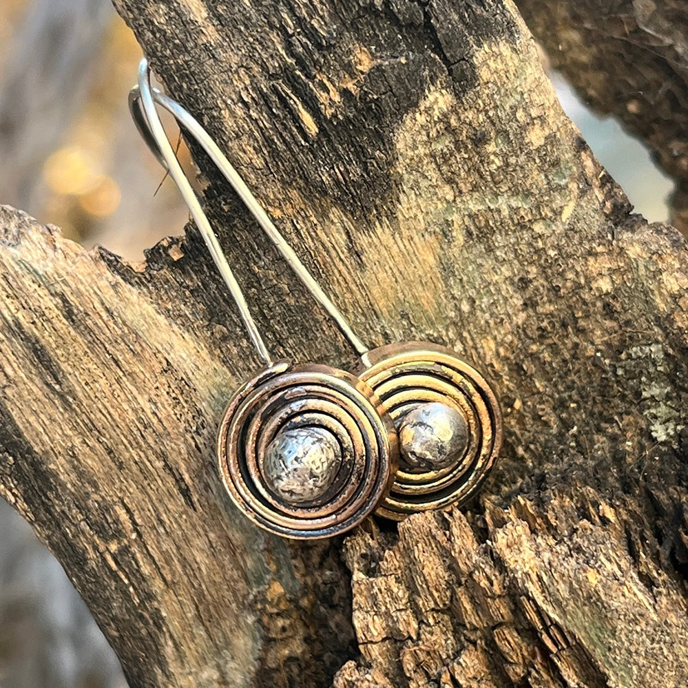 brass spiral and fine silver coil earrings
