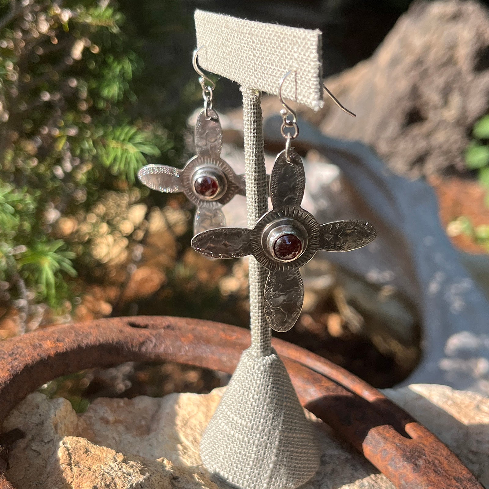Garnet cross earrings