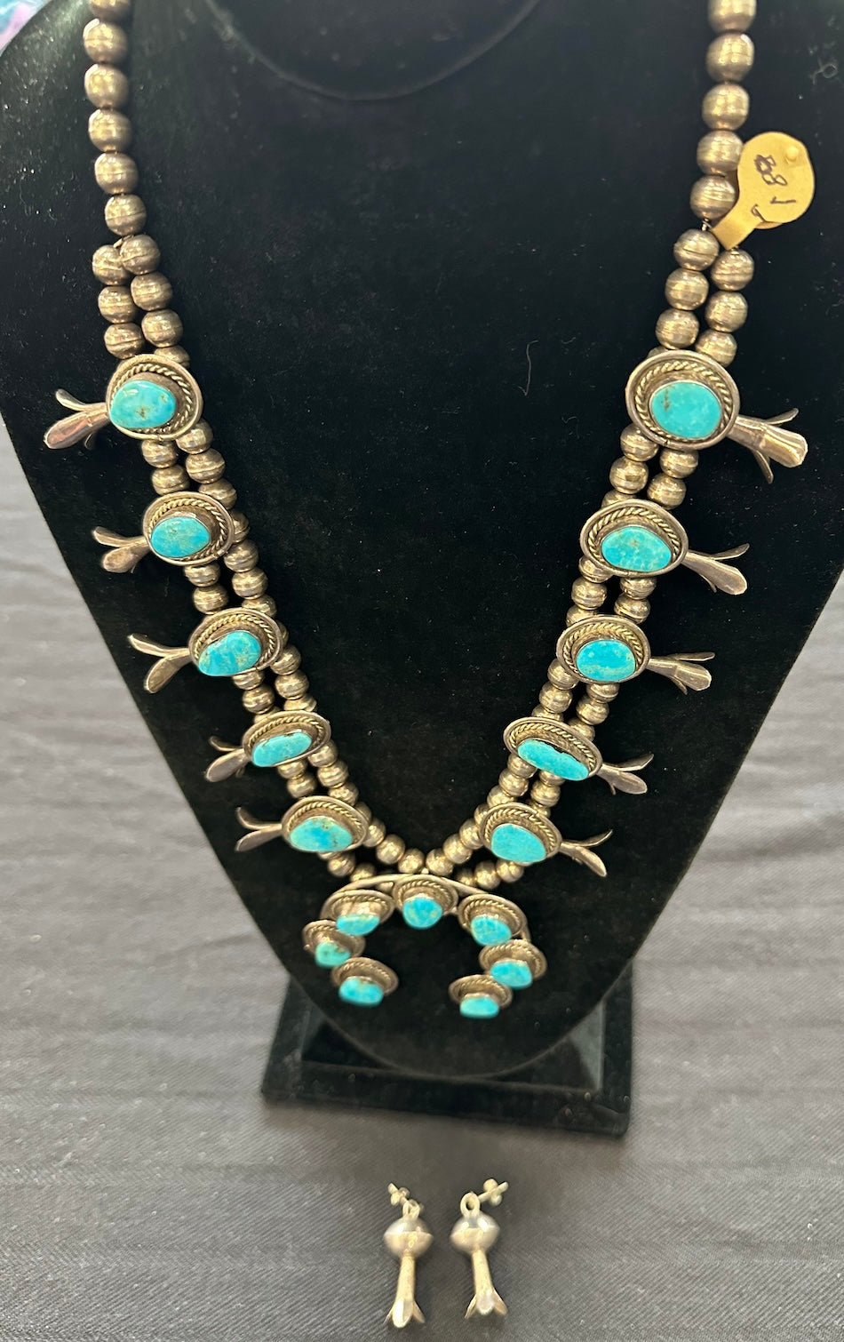 Squash Blossom Turquoise and Silver Beaded Necklace and Earrings