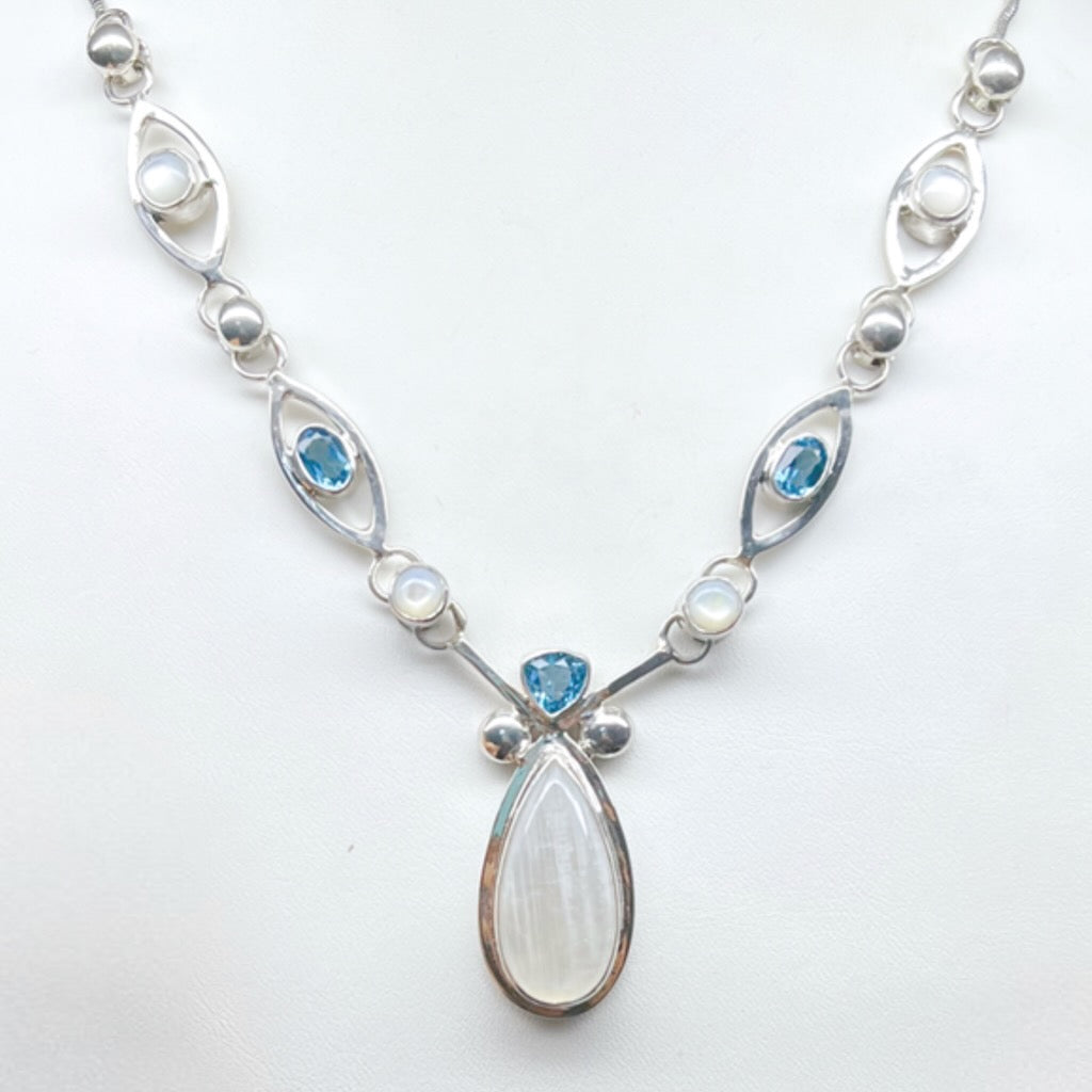 Moonstone, Blue Topaz and Mother of Pearl Festoon Necklace