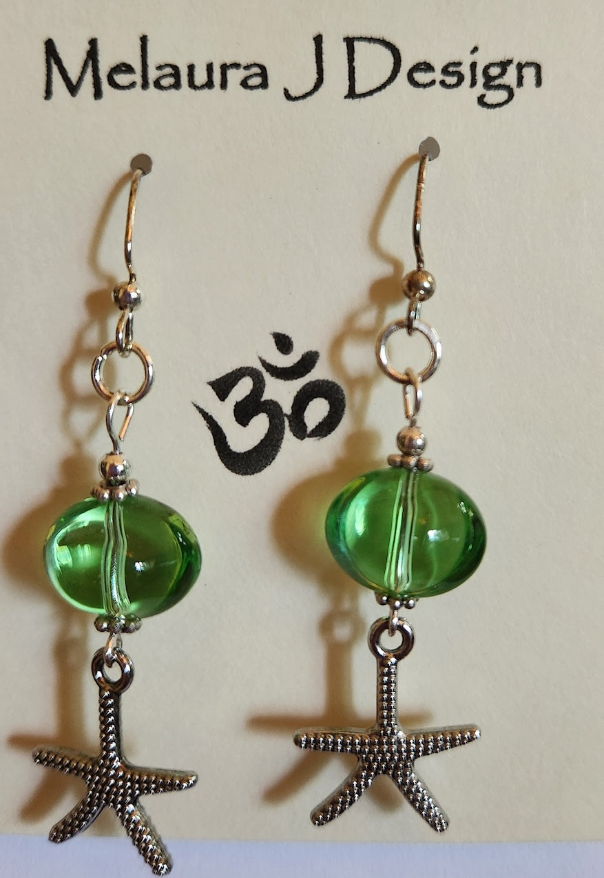 Earrings-green glass with starfish